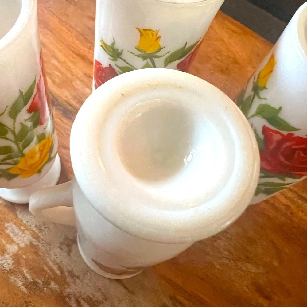 AVON Milk Glass Dutch Vintage Demitasse Espresso Mugs with Red & Yellow Roses